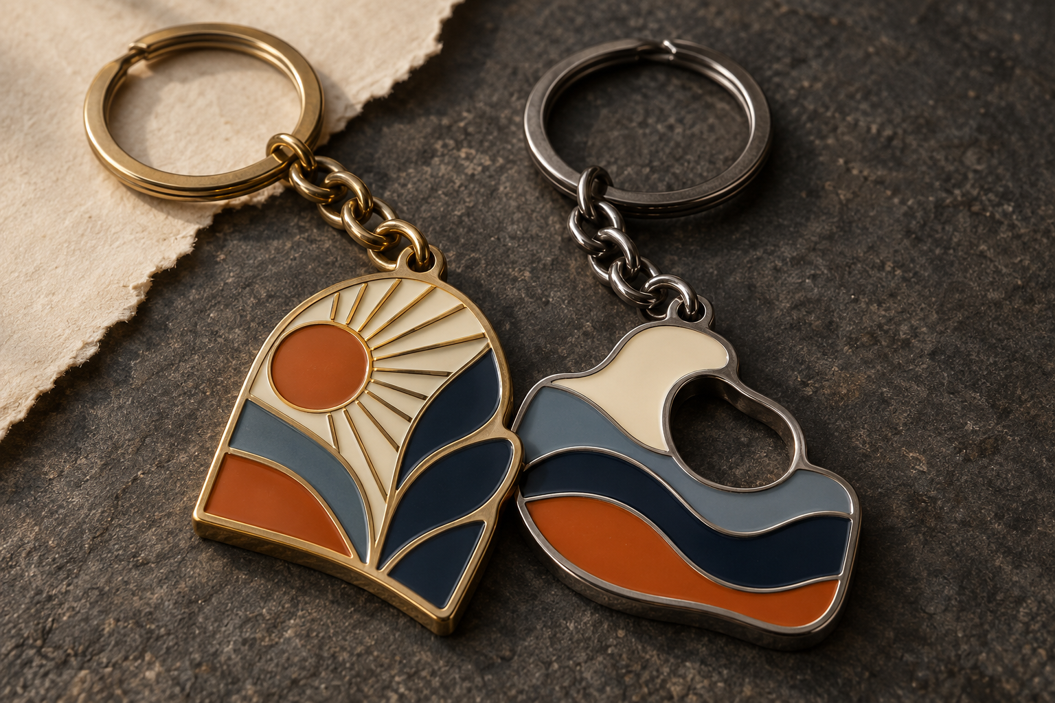 Custom shaped enamel keyrings with polished metal details
