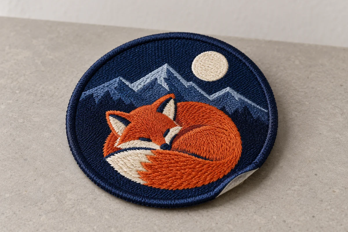 Circular embroidered fox and moon patch with navy satin stitched edging
