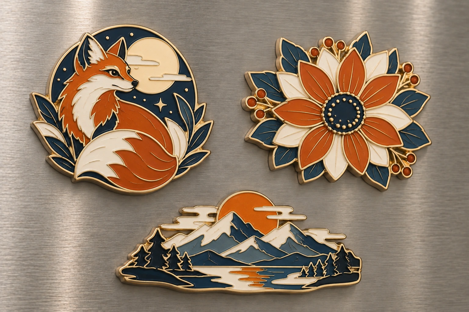 Fox, flower and mountain enamel magnets with shallow relief and gold outlines
