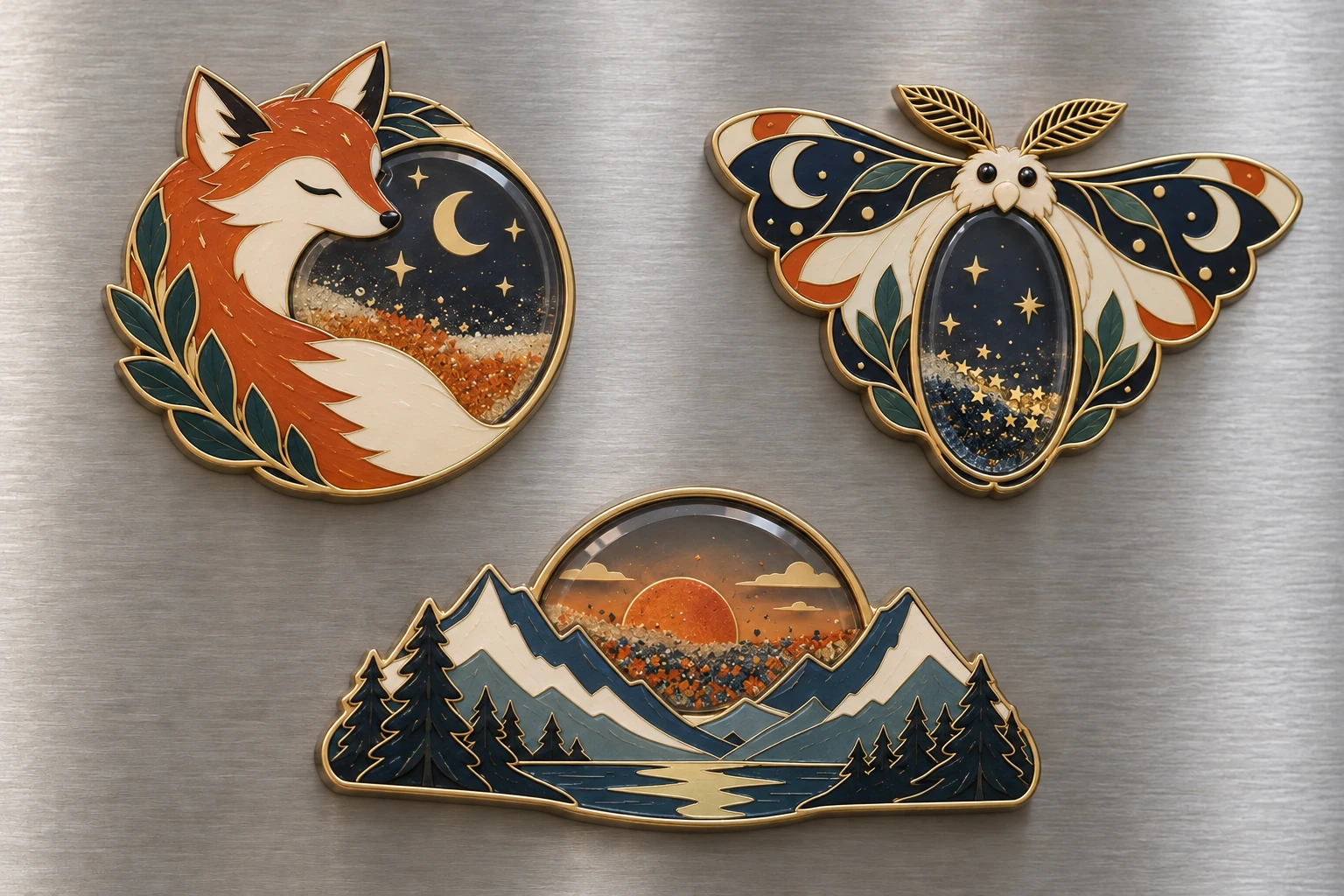 Coordinated fox, moth and mountain magnets with clear windows and decorative particles