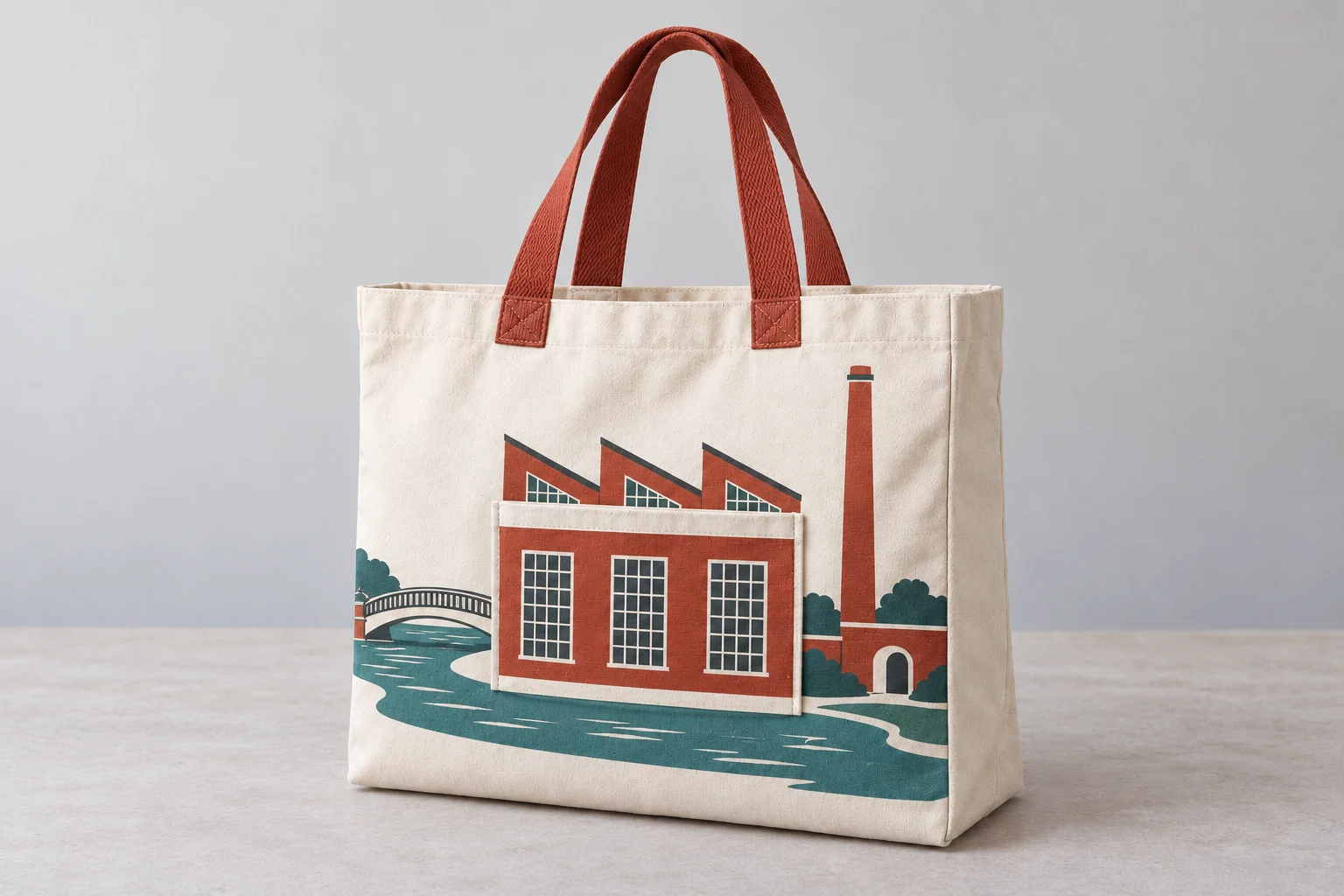 Cream canvas tote with brick-red handles, a rectangular façade pocket and printed sawtooth factory roofs