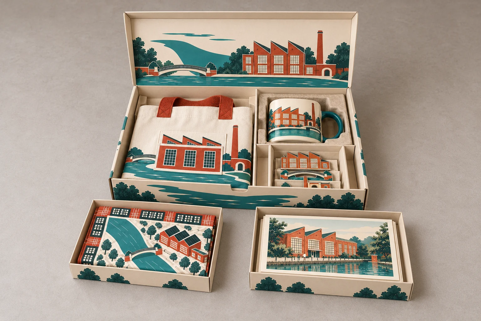 Open cream gift box with a mug cradle, folded tote and two removable trays displaying the bandana, postcards and magnets