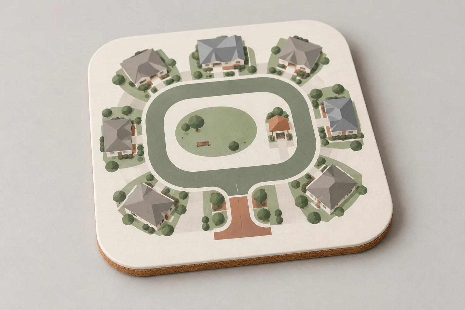 Cream square coaster with a sage neighborhood loop, small houses and a visible cork backing