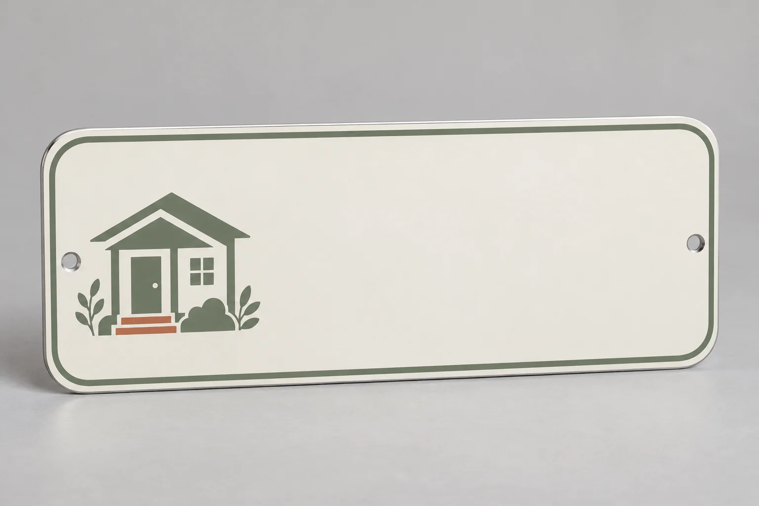 Rounded cream address plaque with a sage border, porch illustration, fixing holes and blank address area