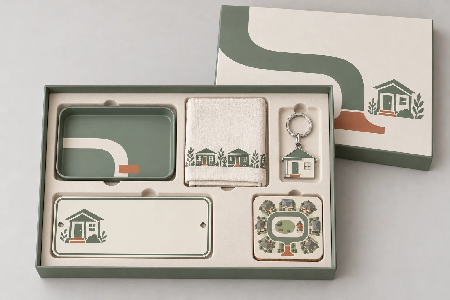 Open sage and cream box with five molded compartments for the tray, towel, keyring, address plaque and coaster