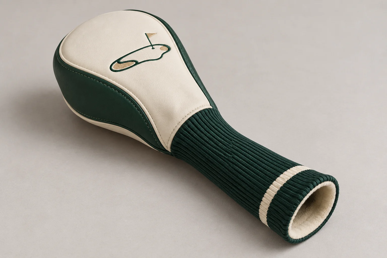 Cream and forest-green driver headcover with embroidered golf scenery, a long rib-knit neck and open lower end