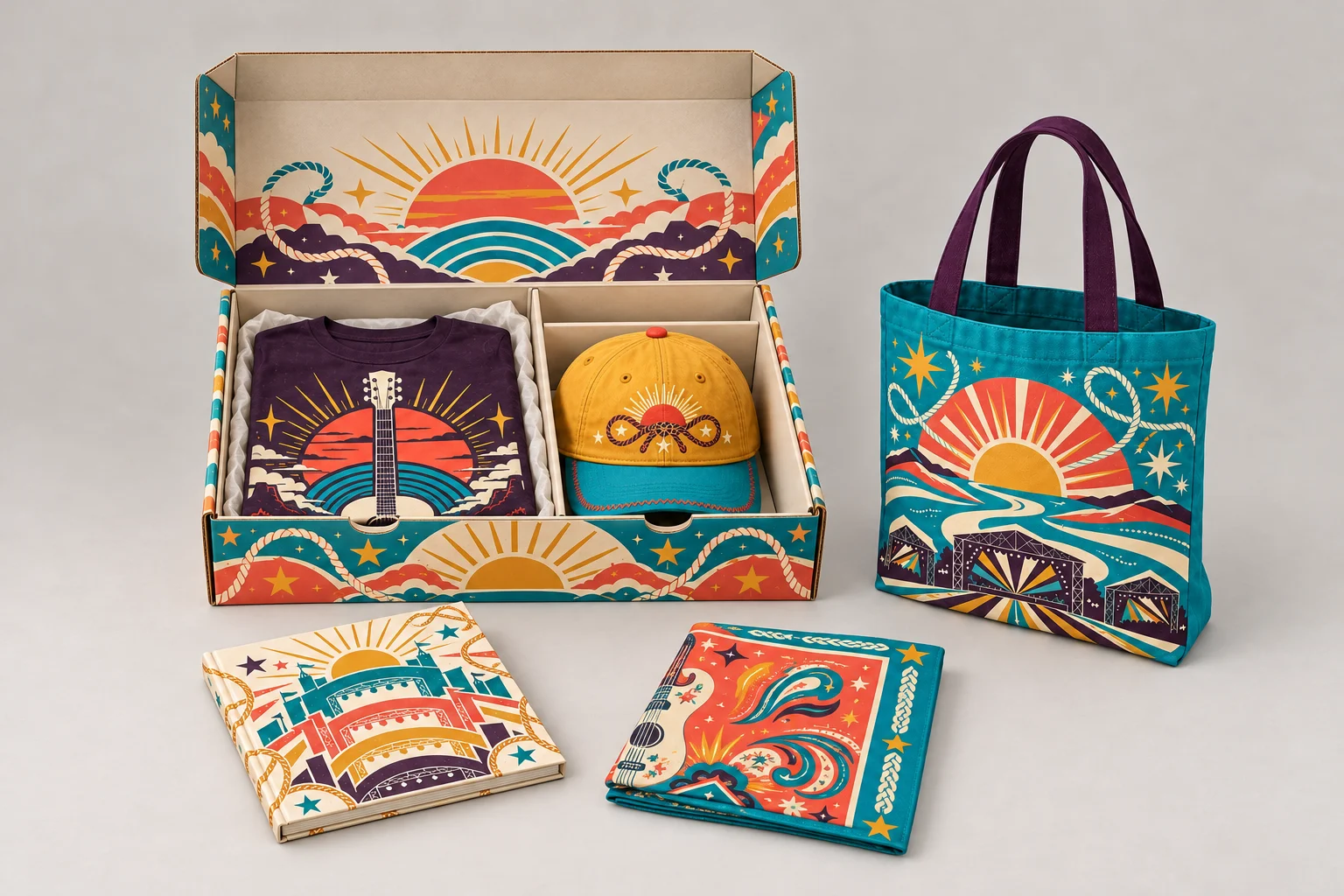 Open colorful festival box with a cap and folded shirt inside, with the album, bandana and tote displayed alongside