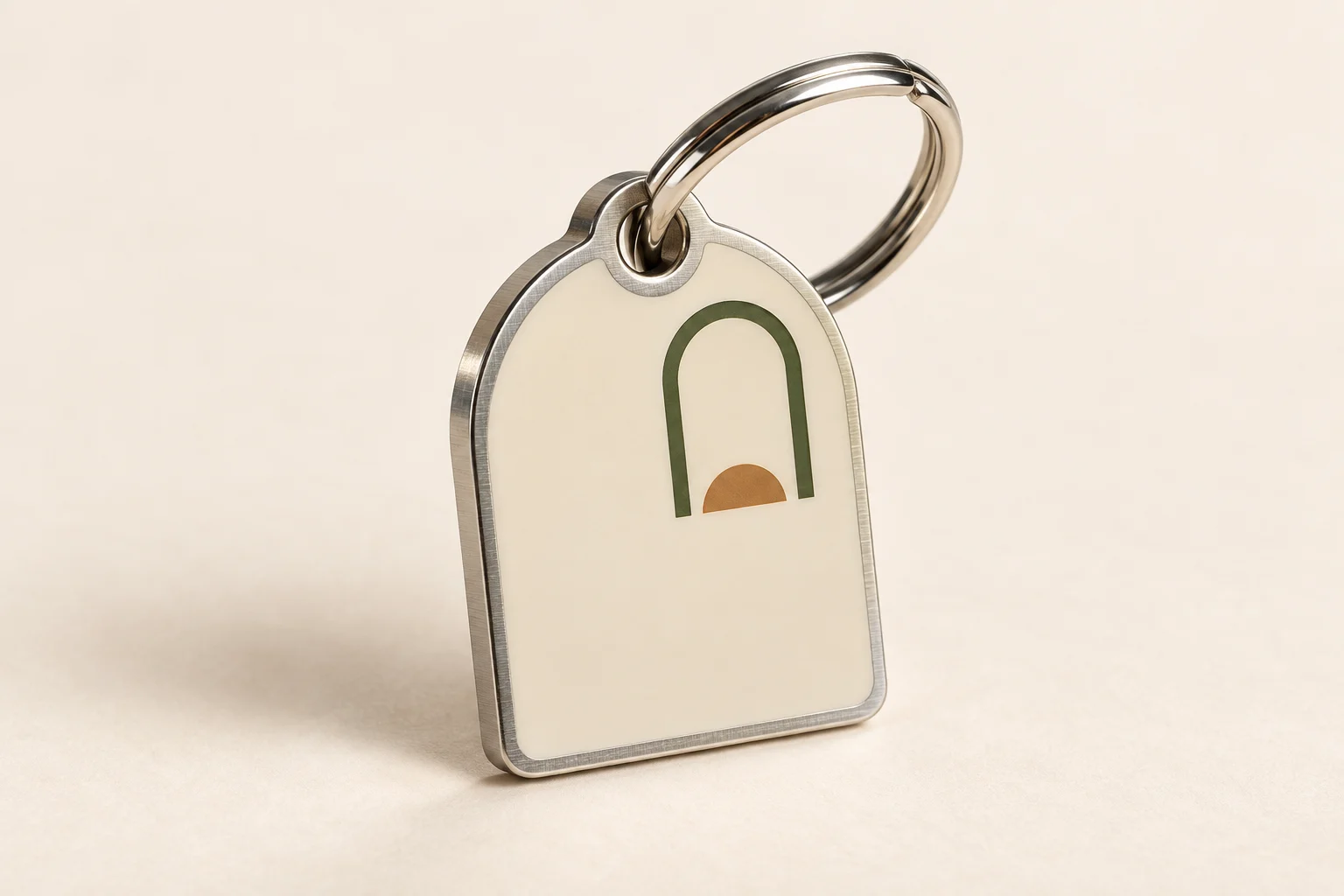 Arched metal pet tag with cream enamel, a moss-green porch, caramel sunrise and a split attachment ring
