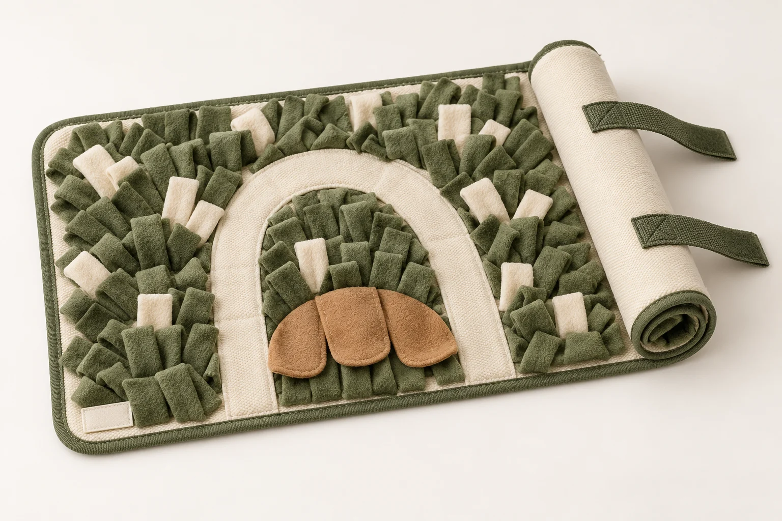 Cream and moss-green snuffle mat with caramel flaps, a curved porch path and attached straps shown partly rolled