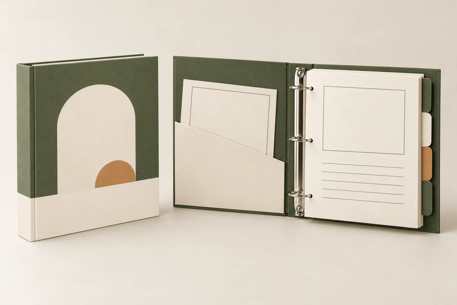 Cream and moss-green hard-cover adoption binder shown open and closed with four dividers and a document pocket