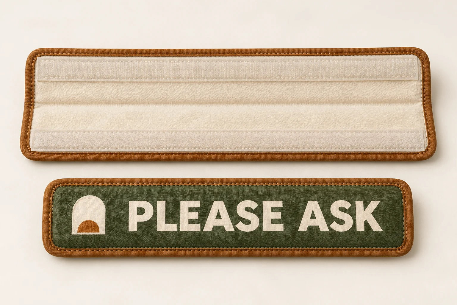 Moss-green leash sleeve with cream PLEASE ASK lettering, caramel trim and an unfolded view of its fastening edges