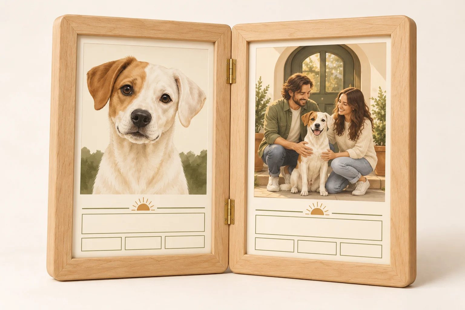 Pale-wood folding double frame showing a cream-and-caramel dog portrait and an illustrative family photograph