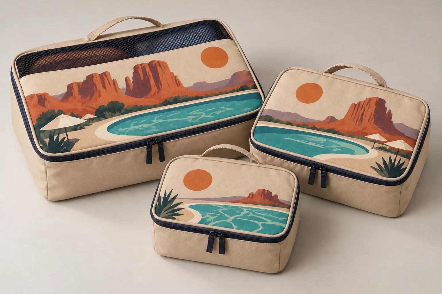 Three graduated fabric packing cubes printed with red rocks, turquoise pools and cream umbrellas
