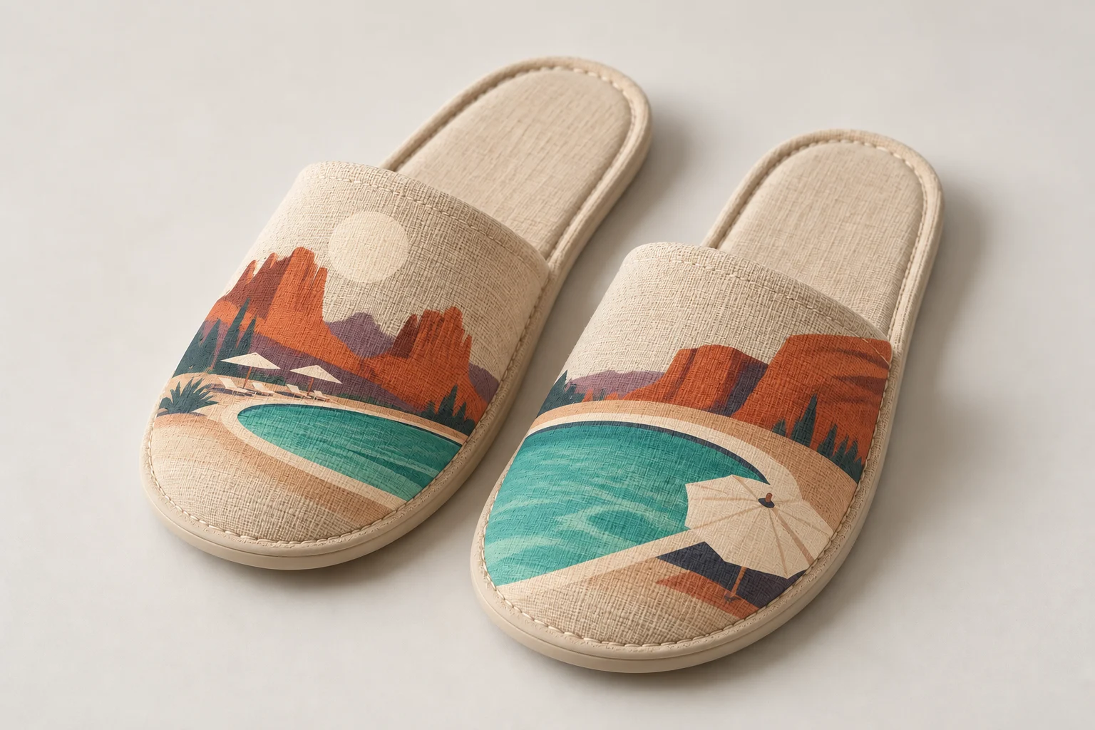 Pair of sand-colored closed-toe room slippers with red-rock and turquoise pool illustrations
