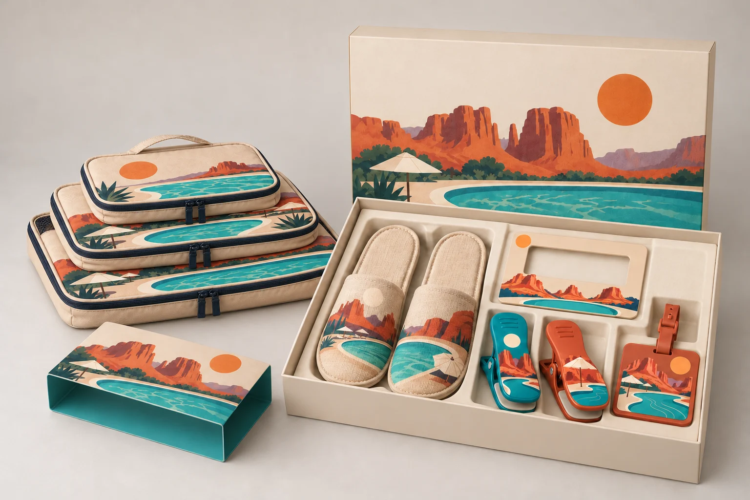 Shallow resort welcome box with slippers, two towel clips, a luggage tag and cutout viewfinder beside three packing cubes and a paper sleeve