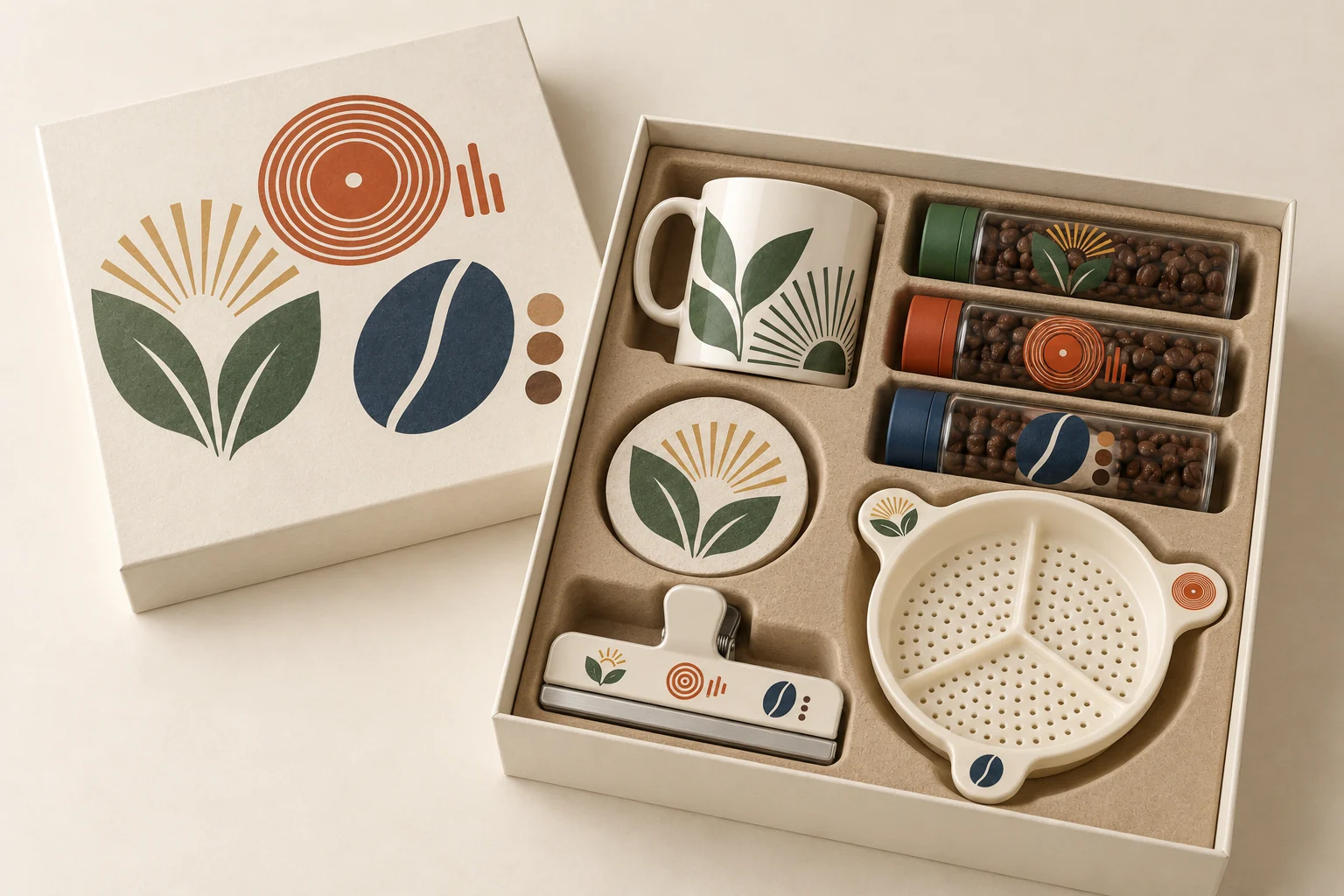 Open coffee gift box with one greenhouse mug and coaster, a clip, three horizontal bean tubes and a three-tab water distributor