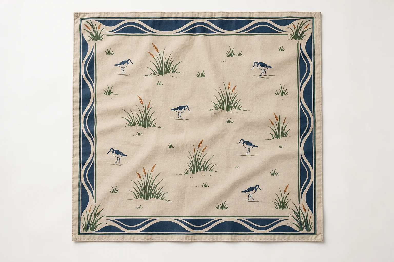 Cotton bandana with shorebirds, dune grass and a blue tide-line border