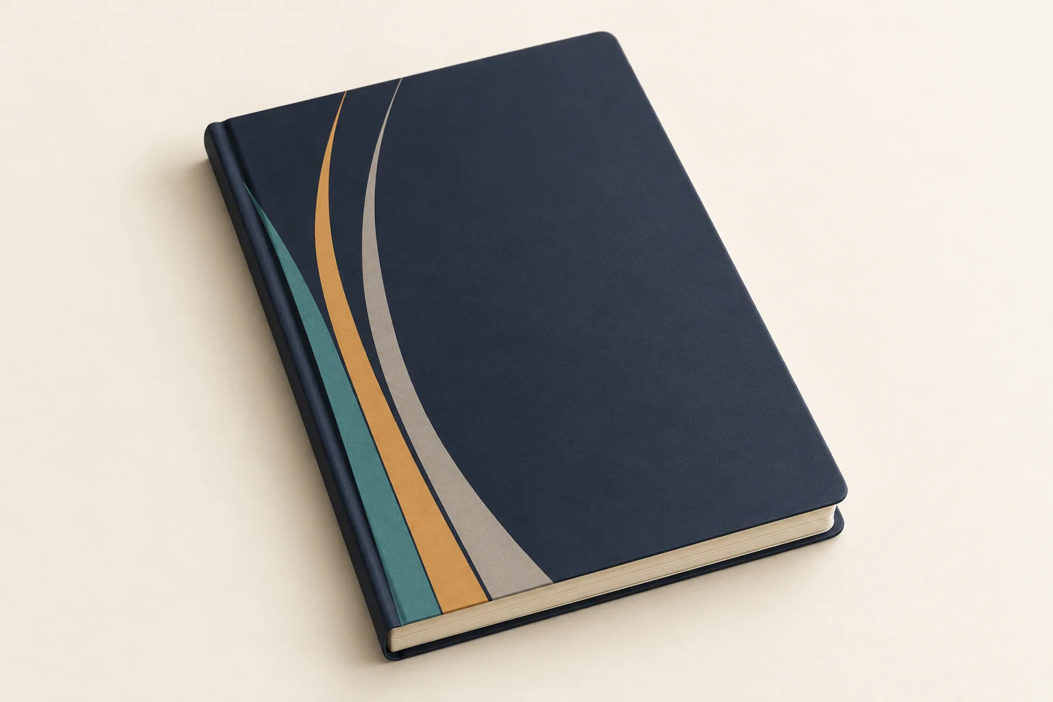 Midnight-blue notebook with three narrow expanding color bands