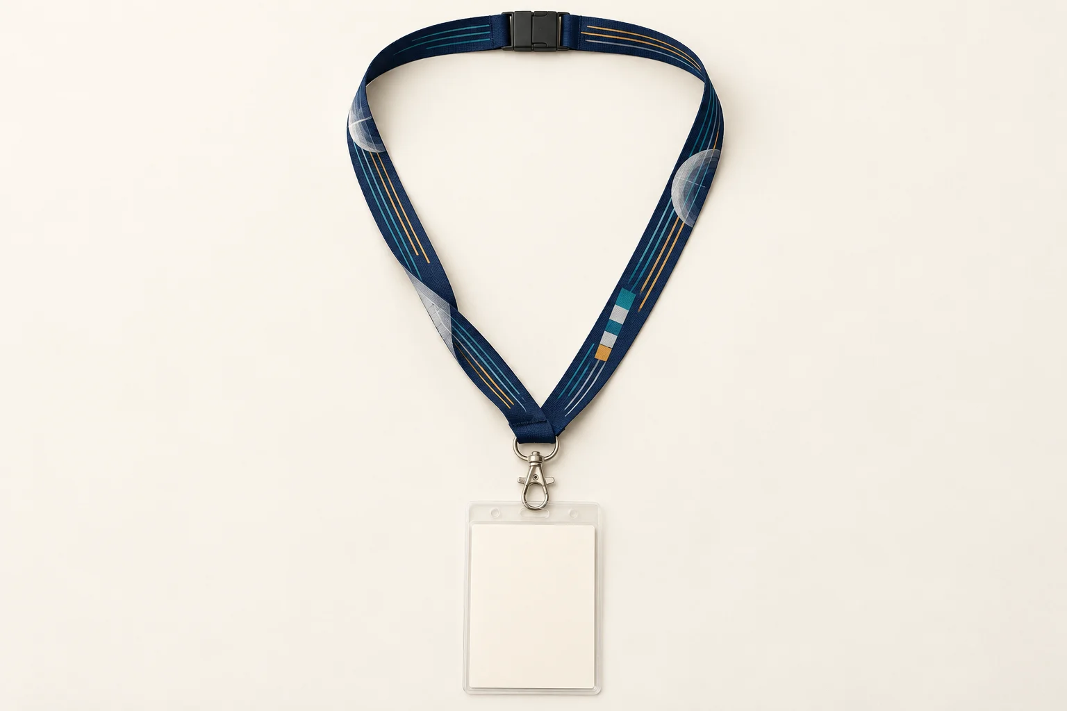 Conference lanyard with fine lines, color blocks and a blank badge holder