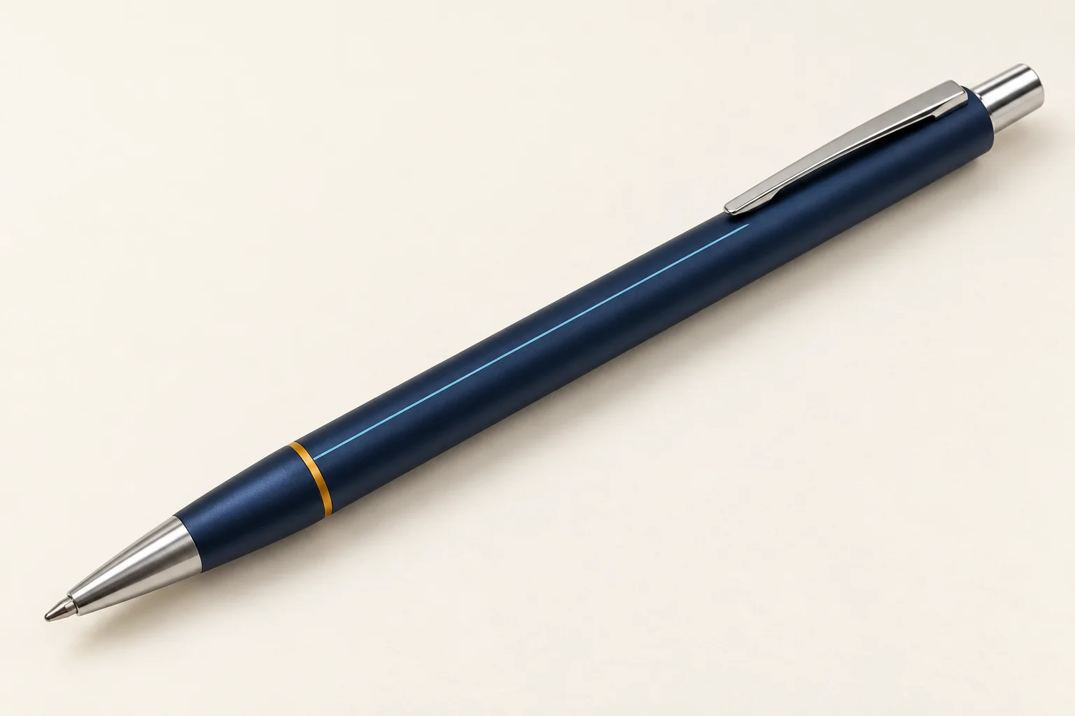 Midnight-blue click pen with silver clip and narrow amber ring