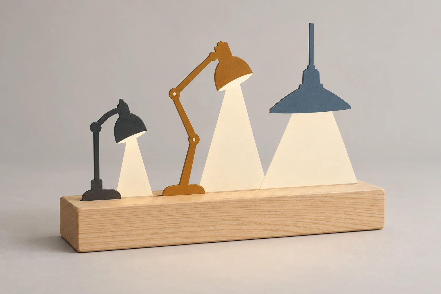 Light wood desk ornament with three painted metal lamp-stage silhouettes