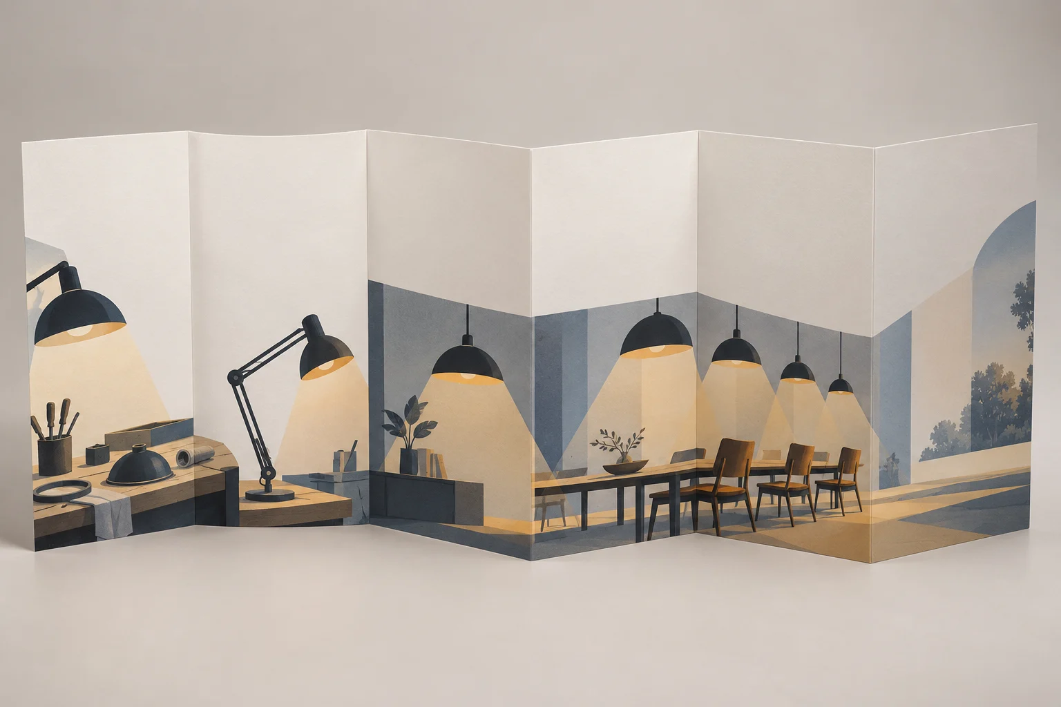 Accordion booklet with continuous repair-bench-to-dining-table illustrations
