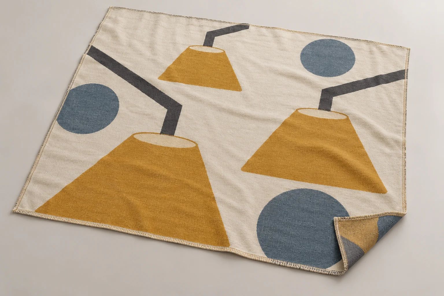 Woven throw with amber, charcoal, warm-white and gray-blue light-inspired shapes