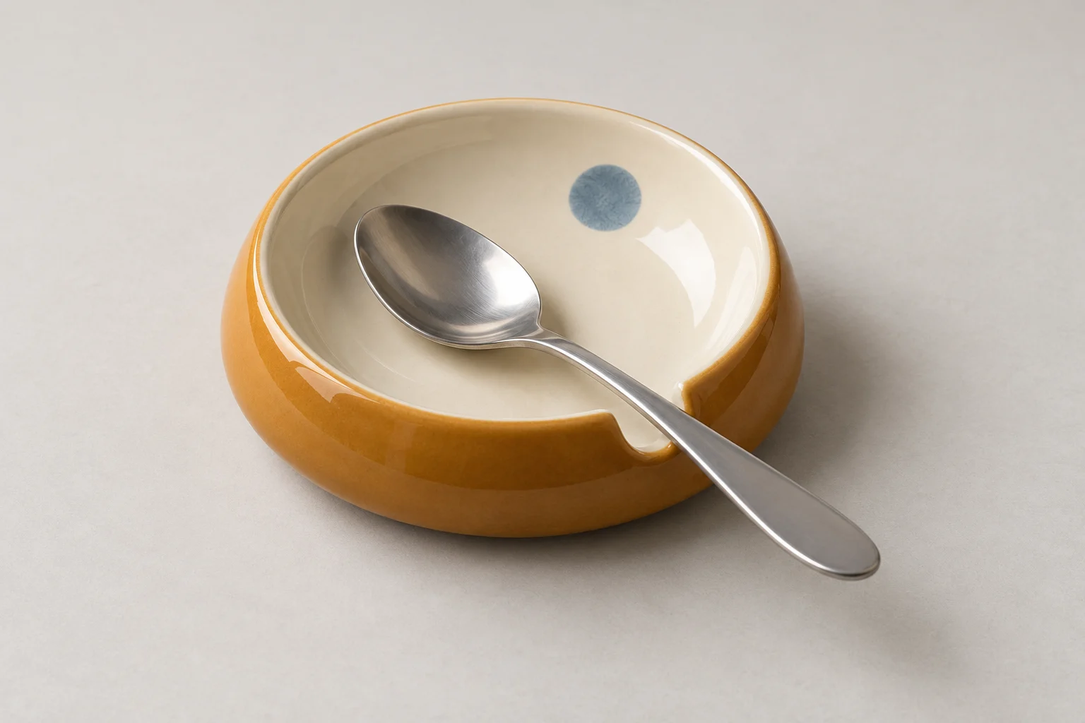 Amber and cream ceramic spoon rest with a handle notch and gray-blue dot