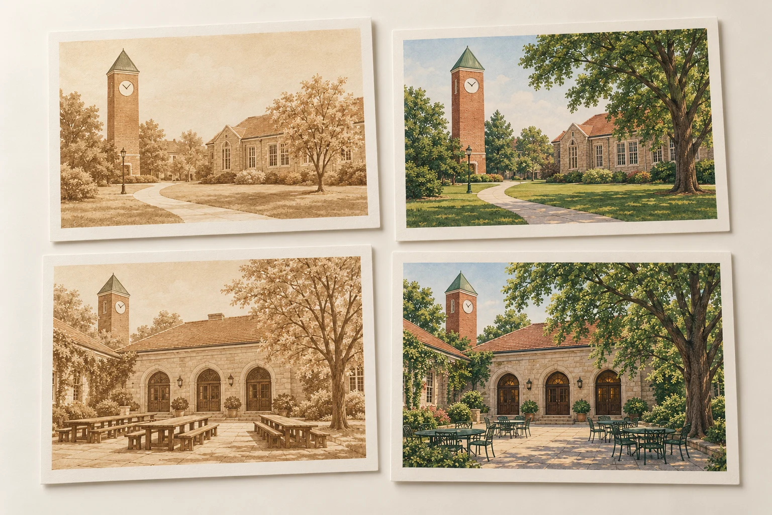 Four postcards comparing past and present views of a college tower and courtyard