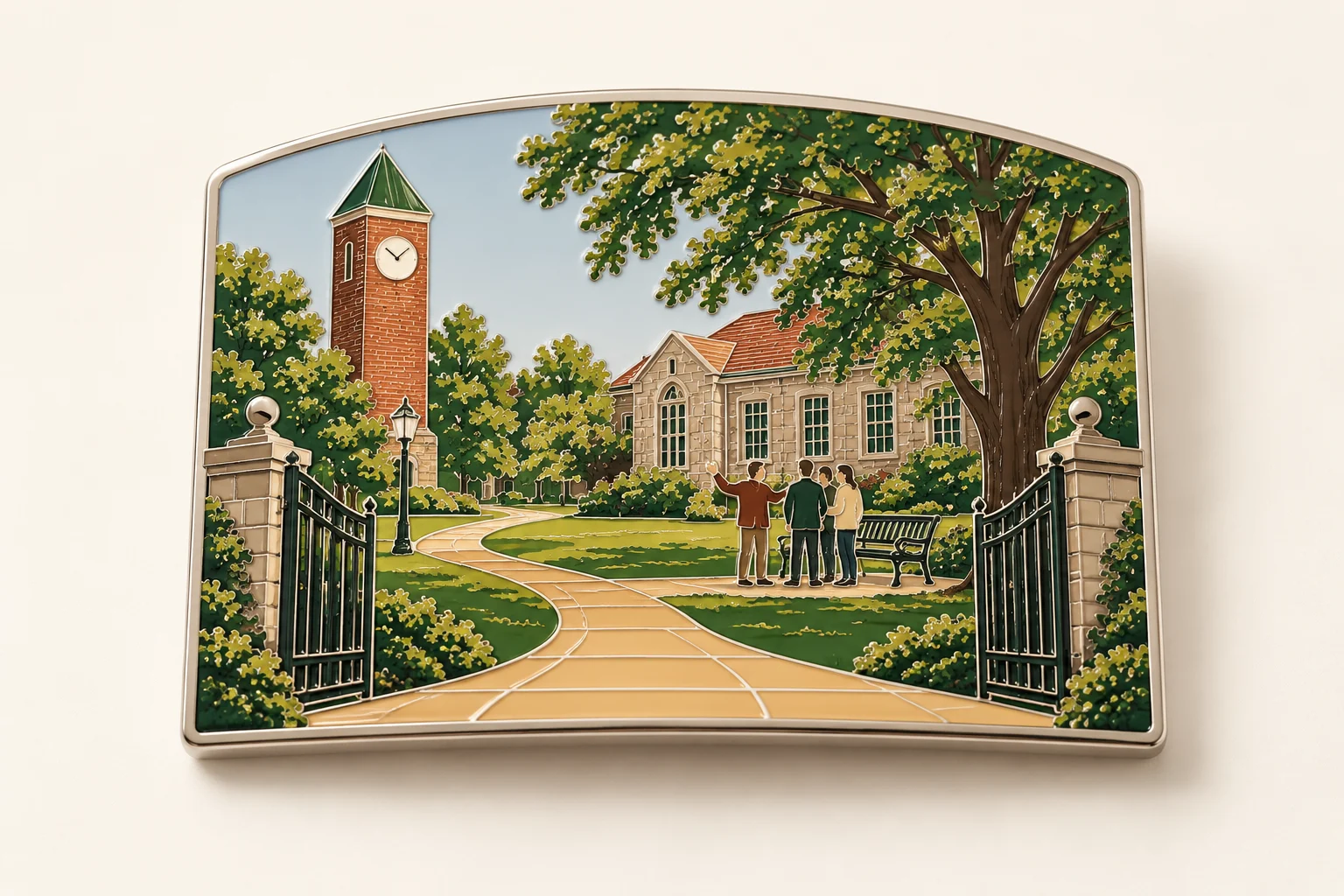 Arched metal reunion magnet showing open gates and alumni meeting beneath an elm