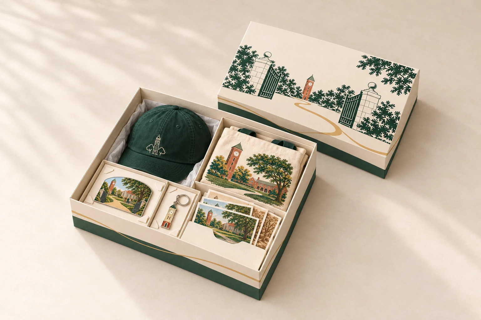 Cream reunion gift box with cap, folded tote, postcards, magnet and keychain