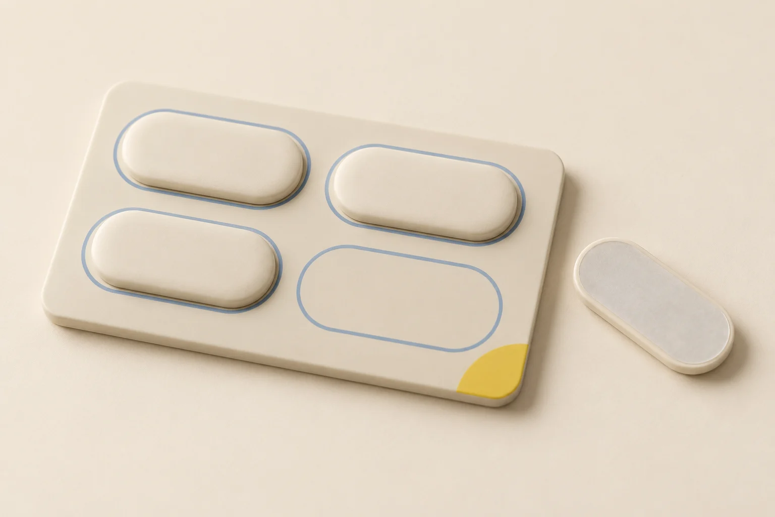 Four cream hem weights with a pale-blue outlined storage board, one showing its adhesive back