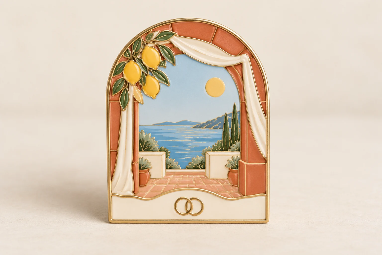Arched wedding magnet with citrus garden, bay, ceremony drapery and paired rings