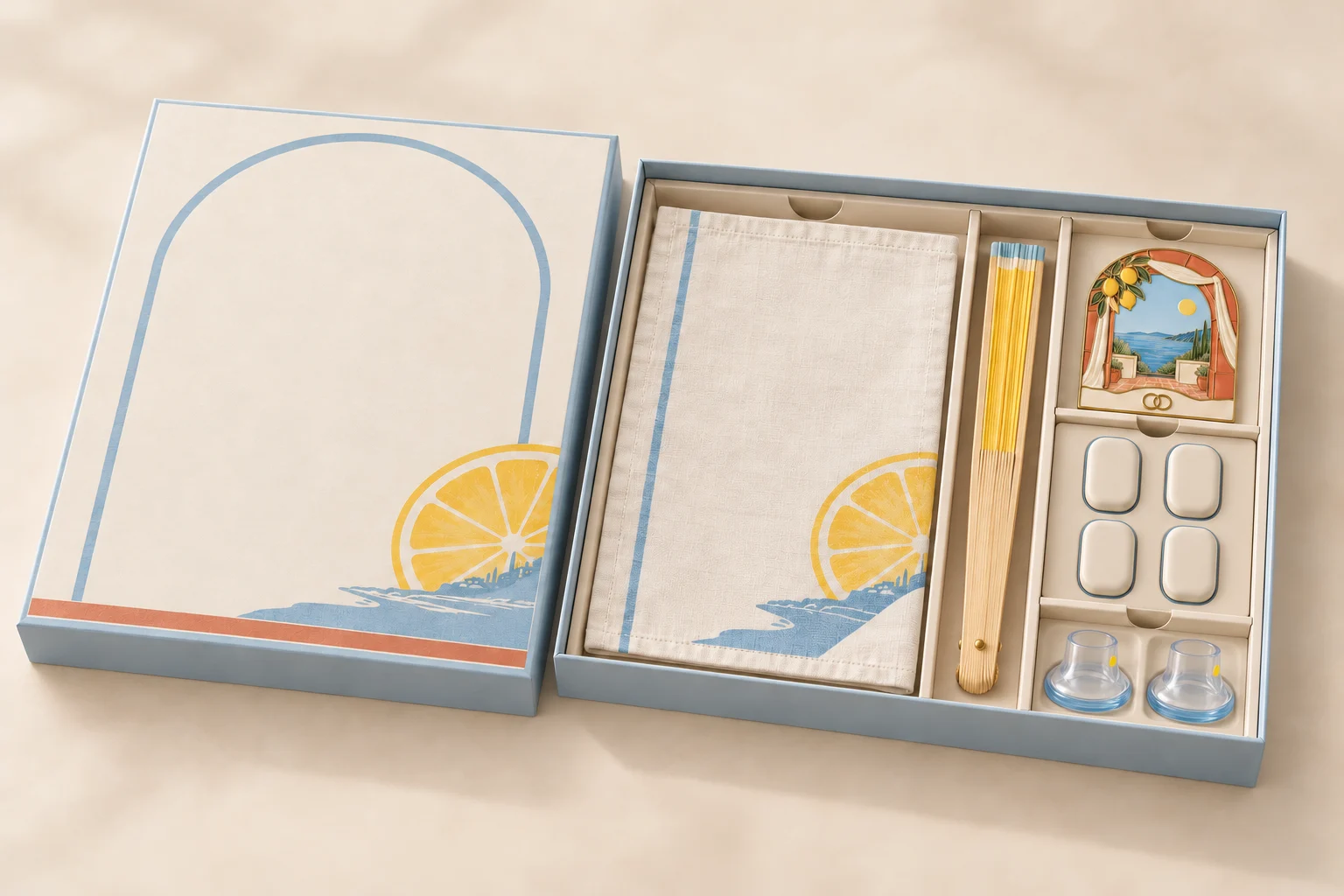 Shallow cream wedding box with napkin, closed fan, two heel protectors, hem-weight board and magnet
