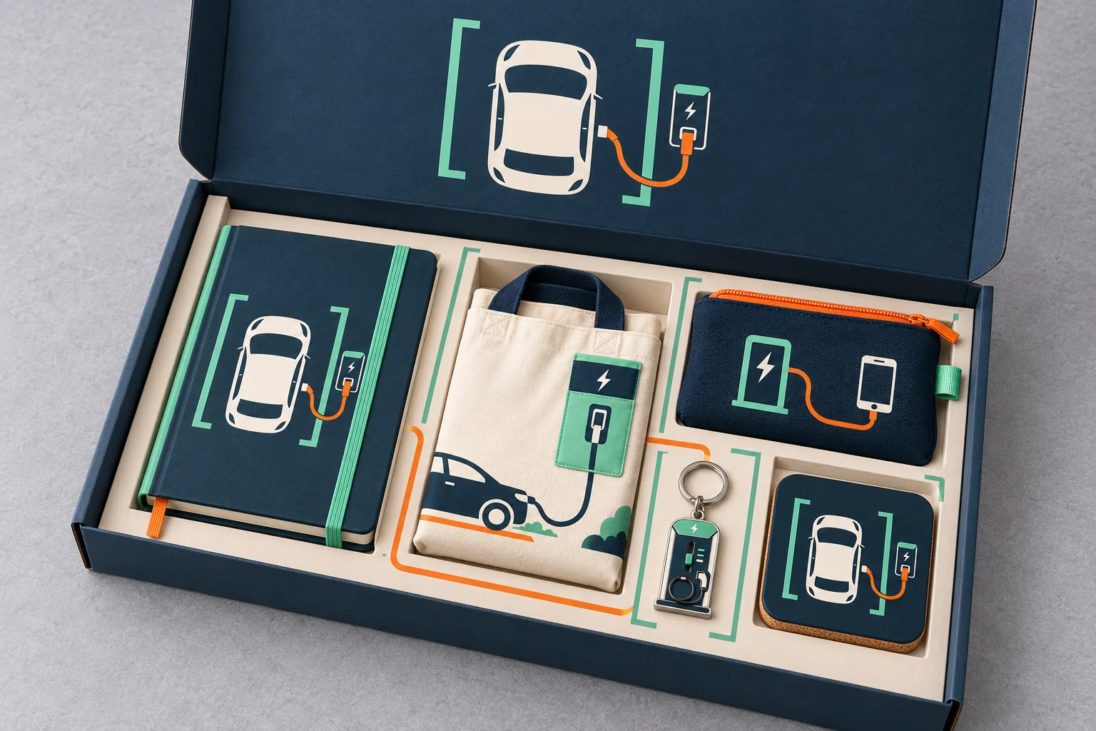 Open charging-themed mailer presenting the notebook, keyring, folded tote, cable pouch and coaster in separate positions.