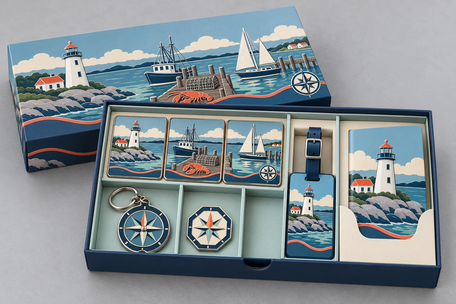 Open harbor collector drawer with three magnets, compass keyring, fixed pin, lighthouse tag and passport beside a panorama sleeve.