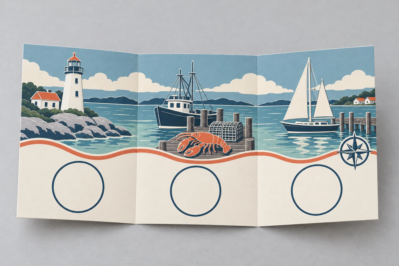 Unfolded three-panel harbor passport with lighthouse, lobster and sailboat scenes and empty stamp circles.